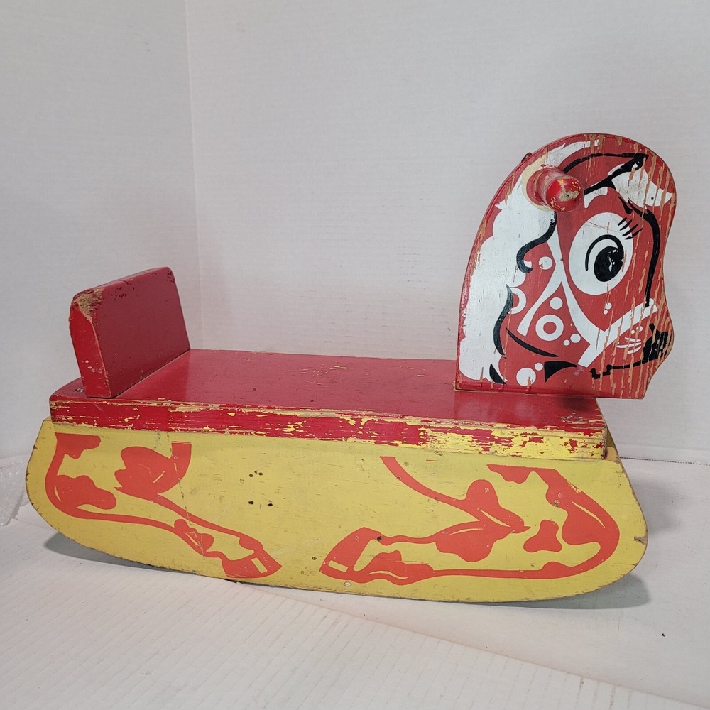 Vintage Childs Kids Wooden Rocking Toy Horse Red Yellow Black White